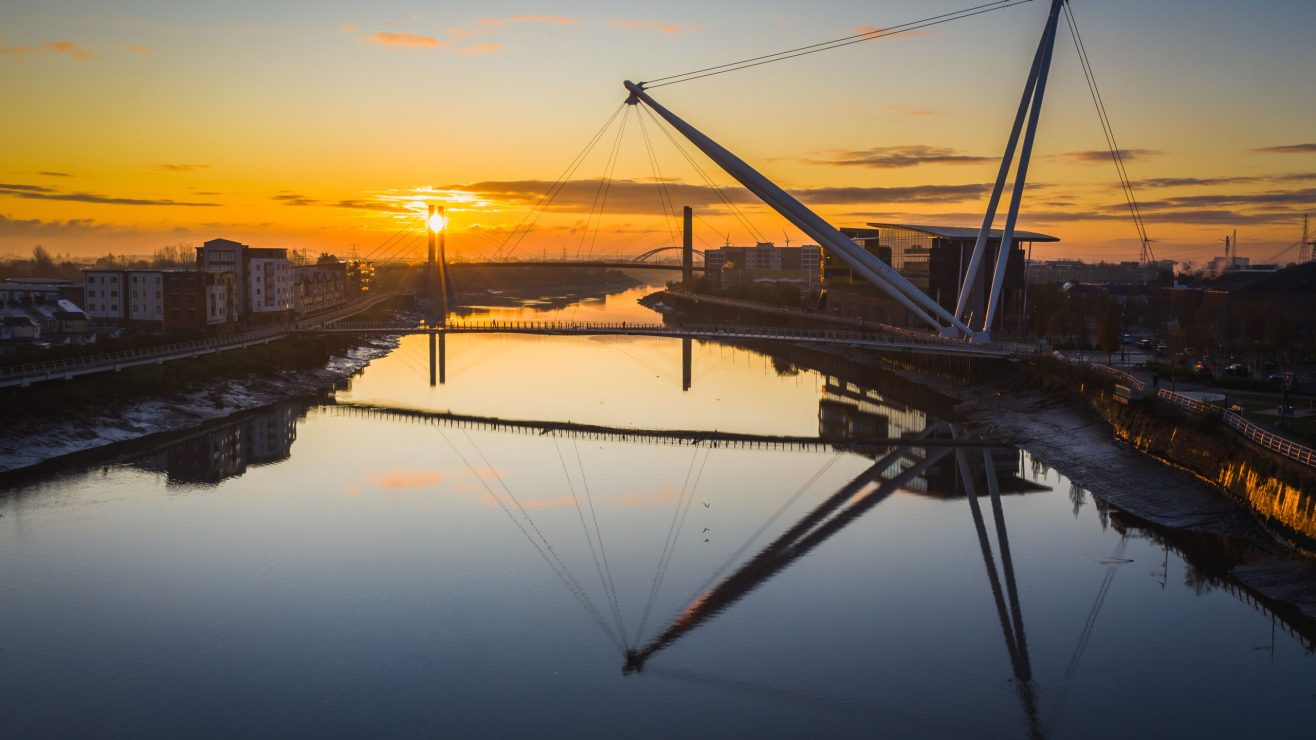 An,Aerial,View,At,Sunrise,Of,Newport,City,Centre,,South