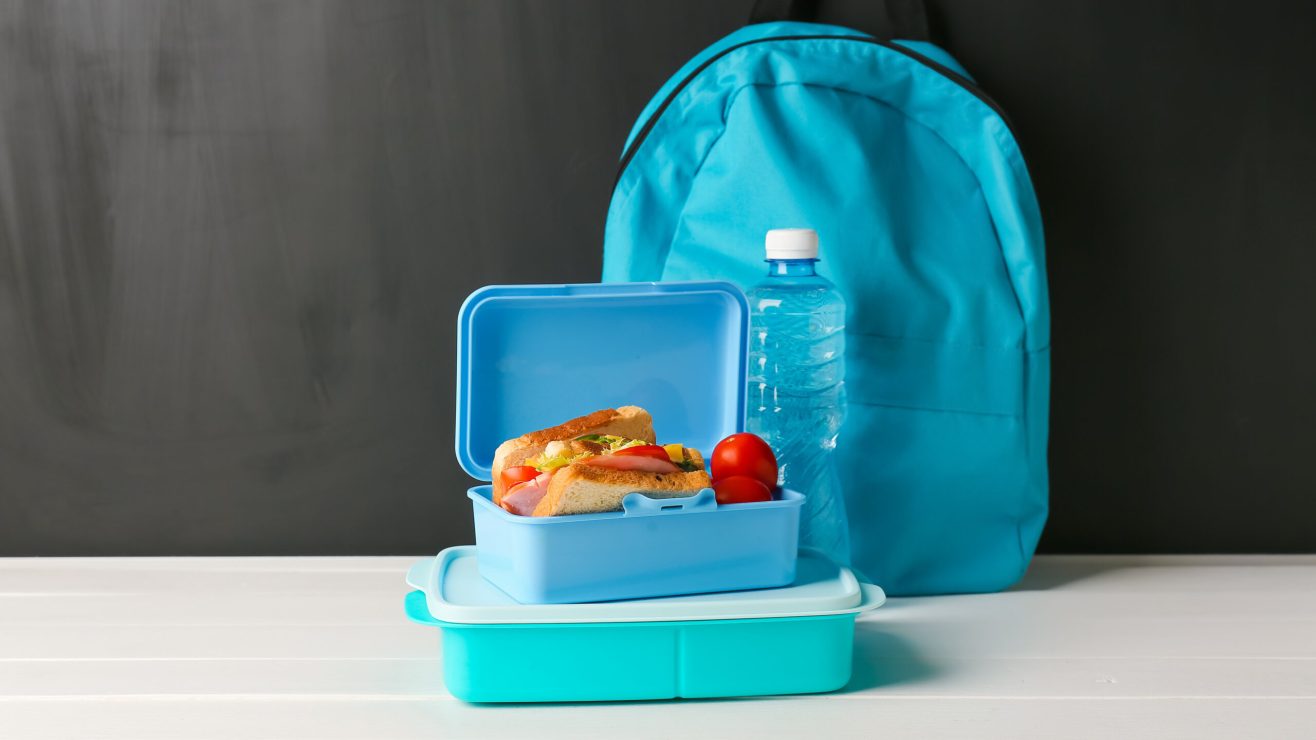 Lunch,Boxes,With,Sandwiches,,Tomatoes,,Bottle,Of,Water,And,Backpack